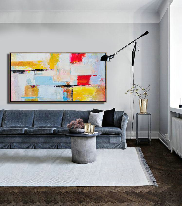 Original Abstract Painting Extra Large Canvas Art,Horizontal Palette Knife Contemporary Art Panoramic Canvas Painting,Canvas Paintings For Sale,White,Blue,Yellow,Red.etc